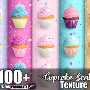 Könnte beinhalten: Digitales Kunstbild mit mehreren Cupcakes mit farbenfrohem Zuckerguss und Streuseln. Die Cupcakes haben verschiedene Farben des Zuckergusses, darunter Rosa, Blau und Gelb, vor einem Hintergrund aus Pastellfarben. Text: "100+ Cupcake Scatter Texture".