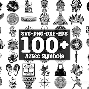 Pode incluir: Um download digital em preto e branco de mais de 100 símbolos asteca. Os símbolos incluem uma variedade de designs, como animais, formas geométricas e figuras religiosas. O texto "SVG-PNG-DXF-EPS 100+ Símbolos asteca" é exibido no centro da imagem.