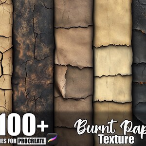 Può includere: Un'immagine di arte digitale con varie trame di carta bruciata. L'immagine mostra una collezione di trame di carta in tonalità marroni, nere e beige, con bordi strappati e superfici screpolate. Il testo recita "100+ Brushes for Procreate" e "Burnt Paper Texture."