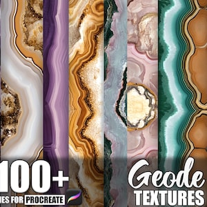 Puede incluir: Una colección de texturas de geodas en varios colores, incluyendo morado, marrón, blanco, verde y rosa. La imagen incluye el texto "100+ Brushes for Procreate" y "Geode TEXTURES".