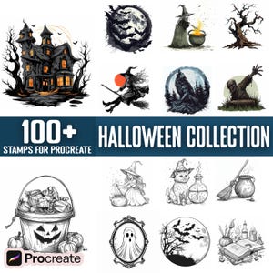 May include: A collection of 100+ Halloween themed stamps for Procreate, featuring illustrations of witches, ghosts, bats, pumpkins, and more. The stamps are in black and white and are perfect for adding a spooky touch to your digital art.