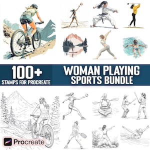 May include: A set of 100+ digital stamps for Procreate featuring illustrations of women playing various sports, including cycling, kayaking, golf, tennis, swimming, and more. The stamps are in black and white line art style.