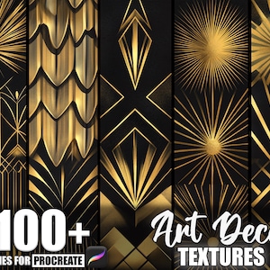 May include: A collection of Art Deco textures in gold and black. The image features various geometric patterns, including sunbursts, chevrons, and stylized shapes. Text reads "100+ Brushes for Procreate" and "Art Deco TEXTURES".