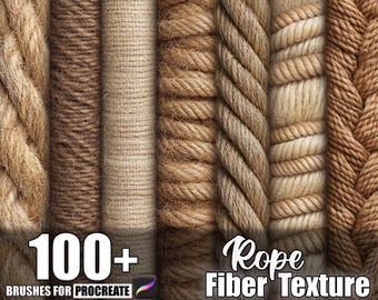 May include: A collection of various rope and fiber textures in shades of brown and beige. The image includes different rope styles and woven materials. Text on the image reads "100+ Brushes for Procreate" and "Rope Fiber Texture."