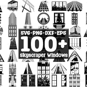 Puede incluir: Una colección de más de 100 ilustraciones vectoriales en blanco y negro de ventanas de rascacielos. Las ilustraciones son de varios estilos y tamaños, y son perfectas para usar en proyectos de diseño.