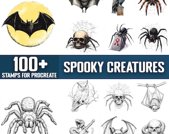 May include: A set of 100+ spooky creature stamps for Procreate, featuring bats, owls, spiders, snakes, and skulls. The stamps are in black and white and are perfect for adding a spooky touch to your digital art.
