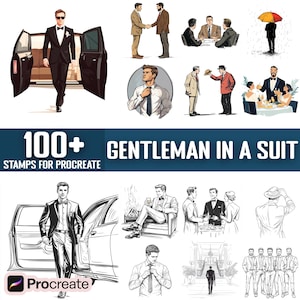May include: A set of 100+ digital stamps for Procreate featuring illustrations of men in suits. The stamps depict various poses and scenarios, including men standing, sitting, walking, and interacting with each other. The illustrations are in a black and white style.