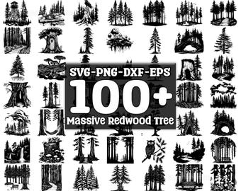 May include: A collection of 100+ black and white vector illustrations of redwood trees in various styles and poses.  SVG-PNG-DXF-EPS.