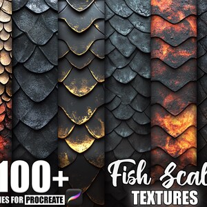 Peut inclure: Image numérique présentant diverses textures d'écailles de poisson dans des tons de marron, noir et or. Le visuel inclut le texte "100+ Brushes for Procreate" et "Fish Scale Textures."
