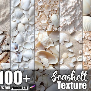 May include: A collage of seashell textures, including sand, whole shells, and fragments. The image features a variety of white, beige, and brown shells. Text at the bottom reads "100+ Brushes for Procreate" and "Seashell Texture".