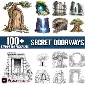 May include: A set of 100+ digital stamps for Procreate featuring various secret doorway designs. The stamps include a variety of styles, such as stone arches, tree trunks, and hidden passages. The stamps are perfect for adding a touch of mystery and intrigue to your digital art.