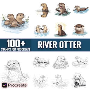 May include: A set of 100+ digital stamps featuring illustrations of river otters in various poses. The stamps are designed for use with the Procreate app. The illustrations include otters swimming, playing, and holding fish.