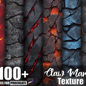 May include: A digital art pack for Procreate, showcasing a variety of textures. The image presents a selection of textures, such as cracked stone, claw marks, and fiery designs. The text reads "100+ Brushes for Procreate" and "Claw Marks Texture".