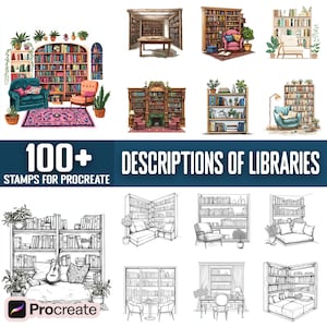 May include: 100+ digital stamps for Procreate featuring illustrations of various library interiors. The stamps include different styles of bookshelves, seating, and decor, perfect for creating digital art or illustrations.