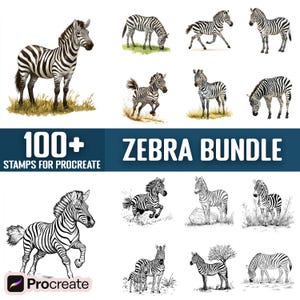 May include: A digital illustration bundle of 100+ zebra stamps for Procreate. The bundle includes black and white line drawings of zebras in various poses, including standing, running, and lying down. The text "100+ Zebra Bundle Stamps for Procreate" is displayed at the top of the image.