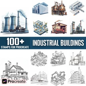 May include: A set of 100+ industrial building stamps for Procreate. The stamps feature a variety of buildings, including factories, power plants, warehouses, and more. The stamps are in both colour and black and white.
