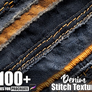 Könnte beinhalten: Nahaufnahme von Denim-Stoff mit verschiedenen Stichstrukturen. Das Bild zeigt dunkelblauen Denim mit kontrastierenden gelben und beigen Nähten. Der Text lautet "100+ Brushes for Procreate" und "Denim Stitch Texture."
