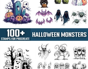 100+ Halloween Monsters Procreate Stamps, Brushes for Procreate, Instant Digital Download
