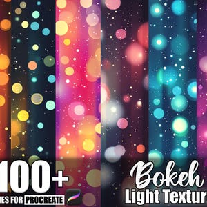 以下が含まれることがあります： オレンジ、青、ピンク、紫など、さまざまな色のボケライトテクスチャを特徴とするデジタルアートグラフィック。画像には「100+ Brushes for Procreate」と「Bokeh Light Texture」というテキストが含まれています。