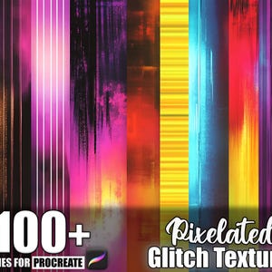 May include: A digital art graphic featuring a collection of colorful, textured vertical stripes. The image includes text that reads "100+ Brushes for Procreate" and "Pixelated Glitch Texture". The color palette includes shades of pink, purple, yellow, blue, and orange.