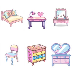 May include: A set of six pastel-colored furniture pieces, including a bed with a bow-shaped headboard, a desk with a lamp, a vanity with a mirror, a chair, a dresser with stars, and a vanity with a heart-shaped mirror.