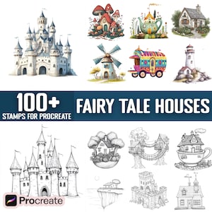 Más de 100 sellos y pinceles para Procreate de casas de cuentos de hadas, descarga digital instantánea