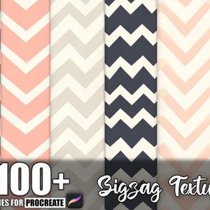 Puede incluir: Una colección de texturas digitales en zigzag en varios colores, incluyendo turquesa, coral, gris y azul marino. La imagen presenta el texto "100+ Brushes for Procreate" y "Bigzag Texture".