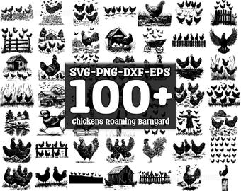 Kycklingar strövar omkring i ladugård SVG-paket, set med 100, omedelbar digital nedladdning, png, svg, eps, dxf