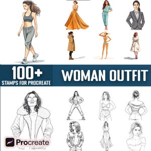 100 種類以上の女性用衣装 Procreate スタンプ、Procreate 用ブラシ、即時デジタルダウンロード