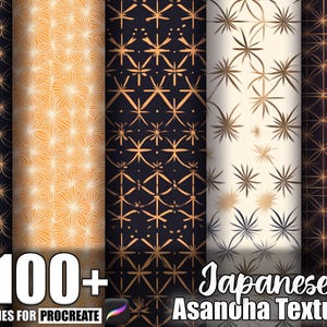 May include: A collection of digital brushes for Procreate, featuring Japanese Asanoha textures. The image displays several rolls of patterned paper with repeating geometric designs in gold, cream, and navy blue. Text reads "100+ Brushes for Procreate" and "Japanese Asanoha Texture."