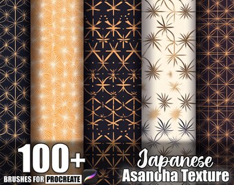 May include: A collection of digital brushes for Procreate, featuring Japanese Asanoha textures. The image displays several rolls of patterned paper with repeating geometric designs in gold, cream, and navy blue. Text reads "100+ Brushes for Procreate" and "Japanese Asanoha Texture."