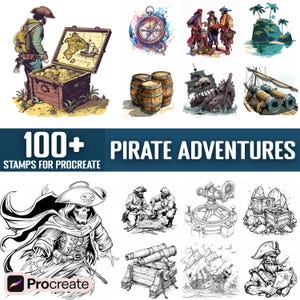 Plus de 100 tampons Pirate Adventures Procreate, pinceaux pour procréer, téléchargement numérique instantané