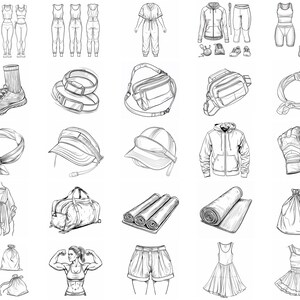 May include: A collection of black and white line drawings of various clothing items, accessories, and other objects. The items include a variety of clothing styles, such as dresses, shirts, pants, and shorts. There are also accessories such as hats, bags, and belts. The drawings are all in a simple, minimalist style.