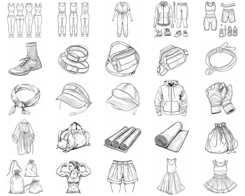 May include: A collection of black and white line drawings of various clothing items, accessories, and other objects. The items include a variety of clothing styles, such as dresses, shirts, pants, and shorts. There are also accessories such as hats, bags, and belts. The drawings are all in a simple, minimalist style.