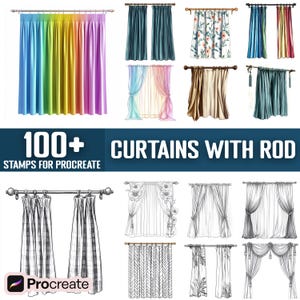 Puede incluir: Una ilustración digital de más de 100 diseños de cortinas con varillas. Las cortinas son de varios estilos, colores y patrones. El texto "100+ CURTAINS WITH ROD STAMPS FOR PROCREATE" está en la parte superior de la imagen.