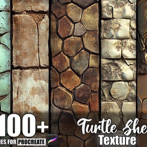 Puede incluir: Imagen de arte digital que muestra una variedad de texturas, incluyendo patrones de piedra, ladrillo y caparazón de tortuga. La imagen presenta el texto "100+ Brushes for Procreate" y "Turtle Shell Texture". La paleta de colores incluye tonos de verde, marrón y dorado.