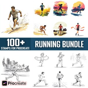 May include: A set of 100+ running stamps for Procreate, a digital art app. The stamps feature various running poses and styles, including runners in different environments and with different accessories. The stamps are perfect for creating illustrations, animations, and other digital art projects.