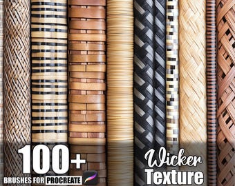May include: A collection of various wicker textures in shades of brown, black, and beige. The image includes the text "100+ Brushes for Procreate" and "Wicker Texture". The textures vary in pattern and style, showcasing a range of woven designs.