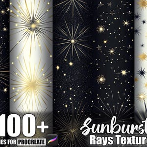 May include: A digital art product featuring a collection of sunburst and star textures in gold and black. The image includes the text "100+ Brushes for Procreate" and "Sunburst Rays Texture". The textures vary in style, with some featuring dense star patterns.