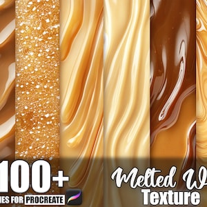 Könnte beinhalten: Eine digitale Grafik mit einer Sammlung von geschmolzenen Wachstexturen in Braun-, Beige- und Goldtönen. Das Bild enthält den Text "100+ Brushes for Procreate" und "Melted Wax Texture". Die Texturen variieren von glatt bis körnig.