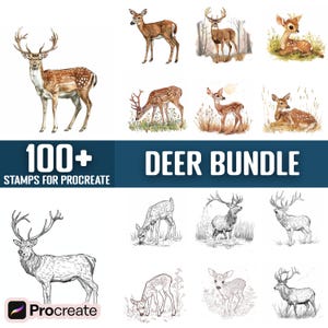 May include: A digital illustration set of 100+ deer stamps for Procreate. The set includes a variety of deer in different poses, including standing, running, and grazing. The stamps are in both color and black and white.