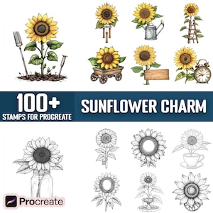 Más de 100 sellos y pinceles de girasol para Procreate, descarga digital instantánea.