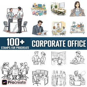 May include: A set of 100+ digital stamps for Procreate featuring illustrations of people in a corporate office setting. The stamps include images of people working at desks, in meetings, and on the phone. The stamps are in black and white and are perfect for adding a touch of realism to your digital art.