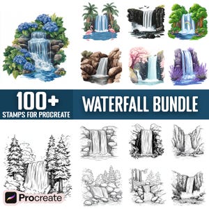 May include: A set of 100+ digital stamps for Procreate featuring various waterfall illustrations. The stamps include colorful and black and white designs with different backgrounds, such as lush greenery, palm trees, and rocky cliffs.