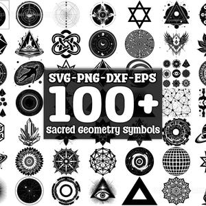神聖幾何学シンボル SVG バンドル、100 個セット、即時デジタルダウンロード、png、svg、eps、dxf
