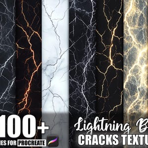Könnte beinhalten: Digitale Texturen mit Blitzschlag-Rissmustern in verschiedenen Farben. Das Bild enthält den Text "100+ Brushes for Procreate" und "Lightning Bolt Cracks Texture". Die Texturen reichen von Schwarz und Weiß bis Gold und Orange.