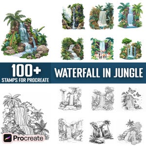 Puede incluir: Un conjunto de más de 100 sellos digitales para Procreate con ilustraciones de cascadas en un entorno de selva. Los sellos están disponibles en versiones a color y en blanco y negro.