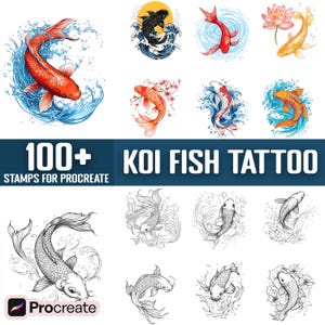 100+ Koi Fish Tattoo Procreate Stamps, Brushes for Procreate, Instant Digital Download