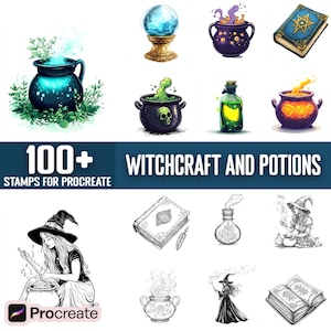 Más de 100 sellos y pinceles de brujería y pociones para Procreate, descarga digital instantánea.