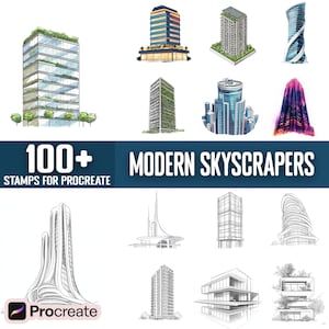 May include: A set of 100+ modern skyscraper stamps for Procreate, a digital art app. The stamps feature a variety of styles, including realistic, cartoon, and abstract. The stamps are perfect for creating cityscapes, backgrounds, and other architectural designs.